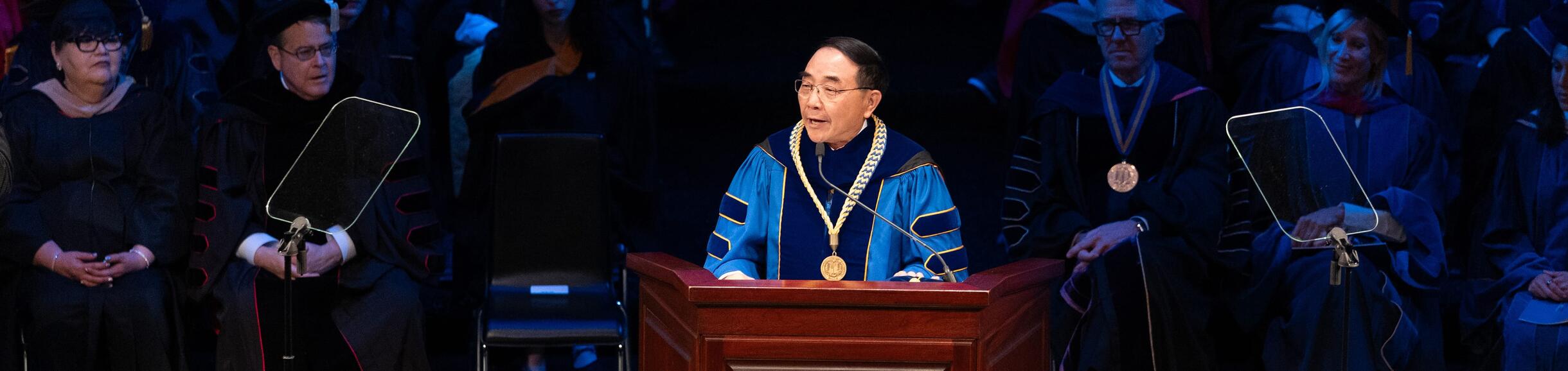 Chancellor S. Jack Hu giving his inaugural address at the inaugural ceremony.