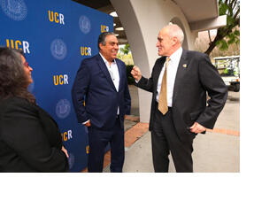 Chancellor talking with Dean and Distinguished Speaker Eduardo Bonilla-Silva